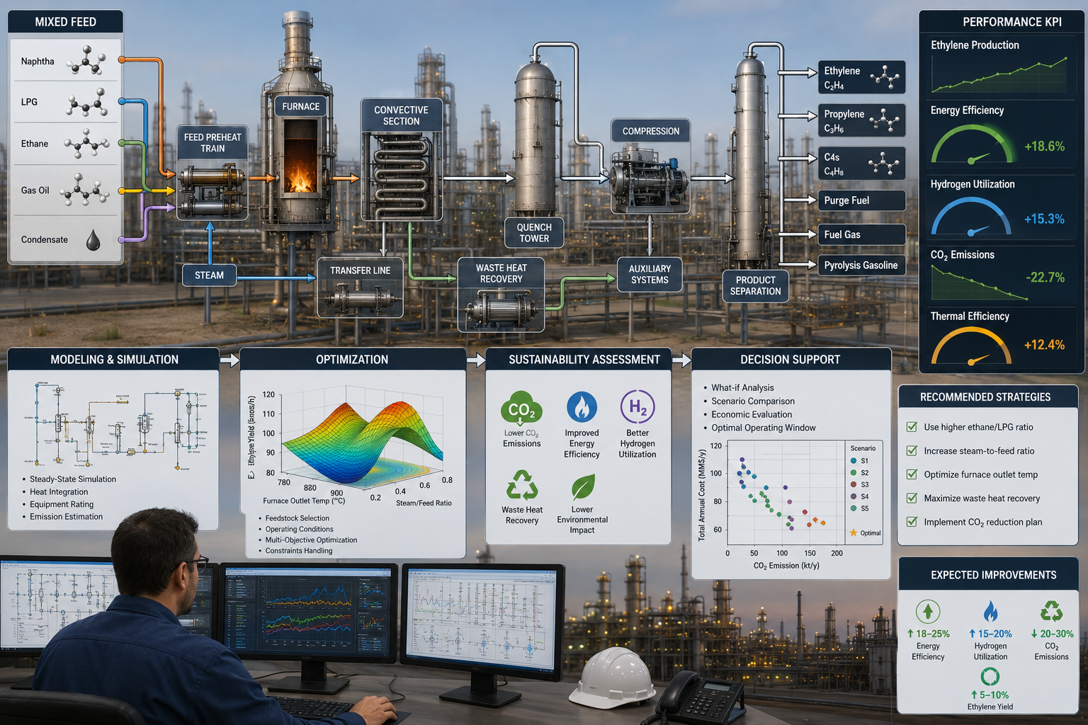 Optimization of a Mixed-Feed Steam Cracker: Energy Efficiency, Hydrogen Purity & Recovery, CO2 Management with an Interactive Application