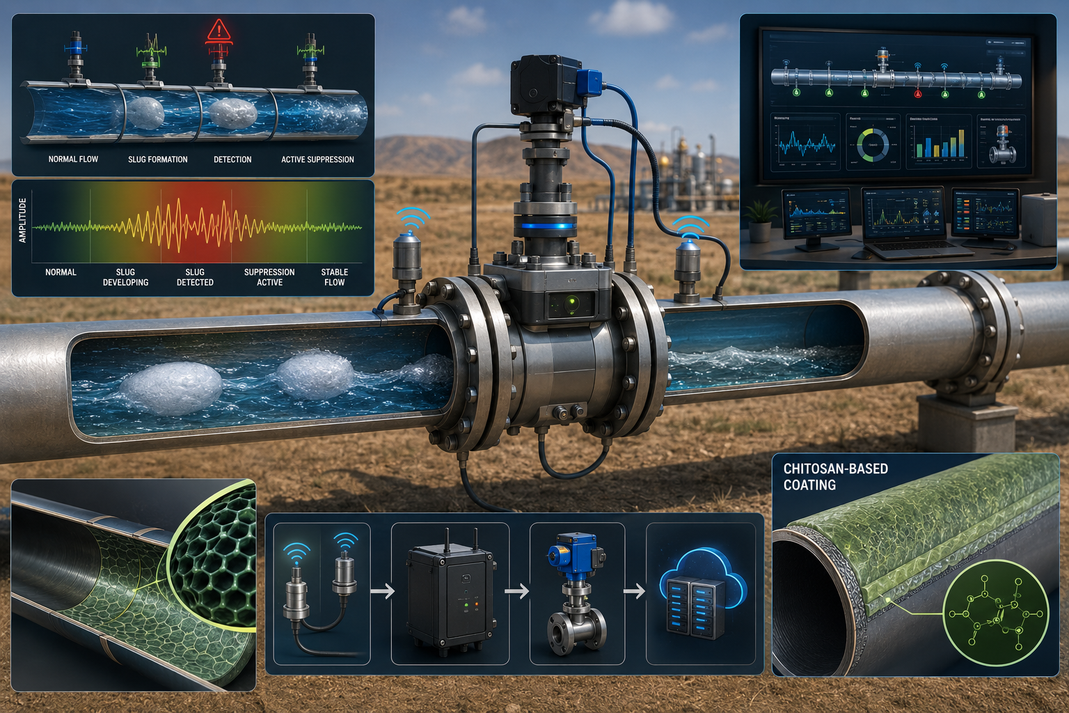 Smart Anti-Slug Pipeline: Chitosan-Based Internal Coating + Integrated One-Way Valve with Active Slug-Separation System