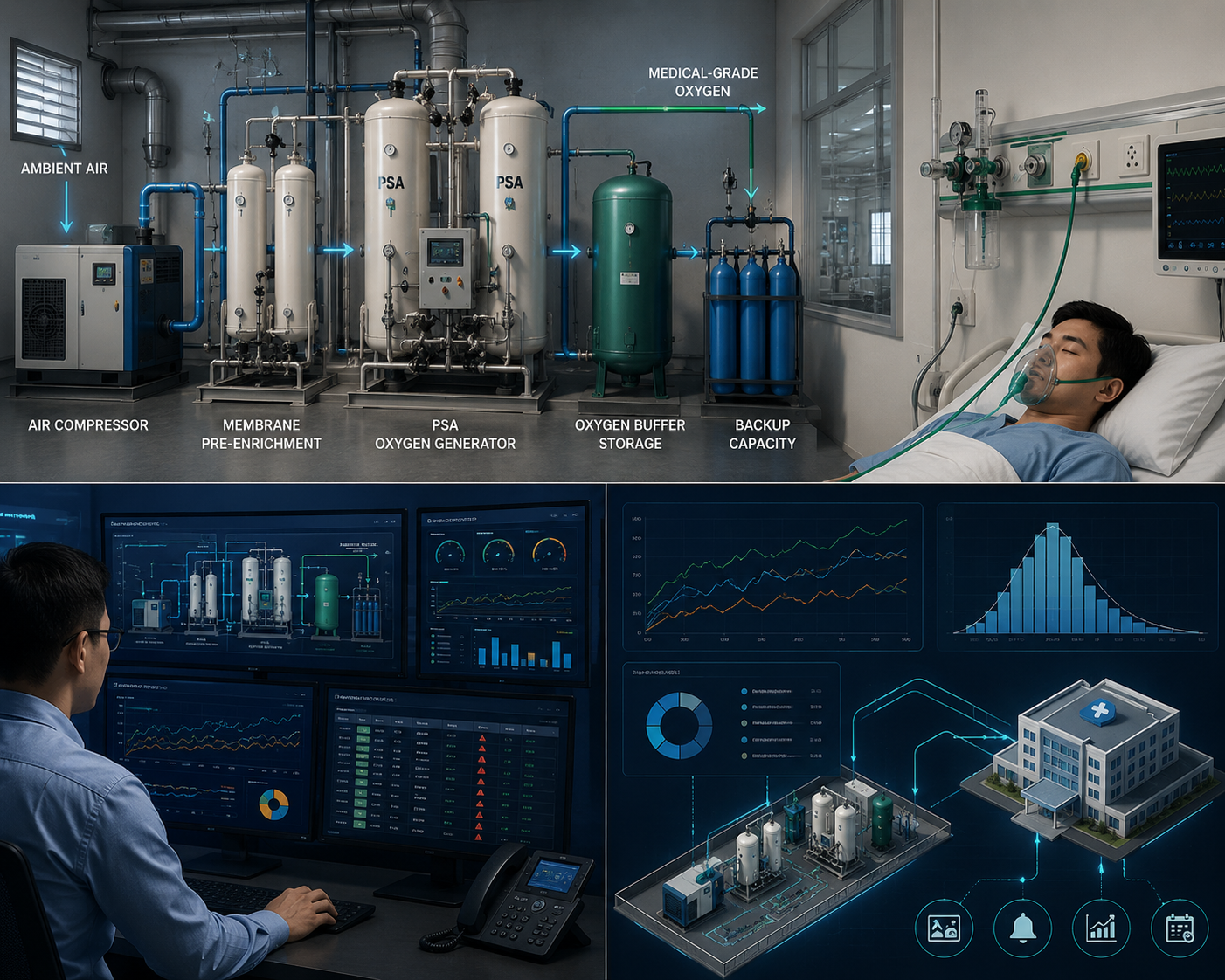 Design of a Hybrid Hospital Oxygen Supply System Using Polymeric Hollow-Fiber Membranes Integrated with Pressure Swing Adsorption (PSA)