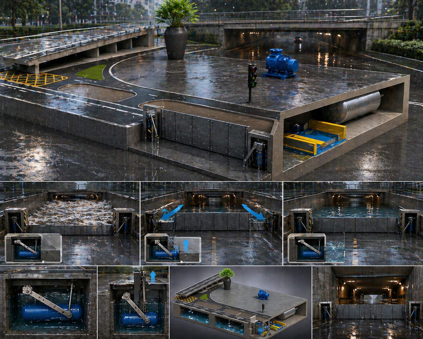Hydro-Barrier Flood Protector with Rain Drainage And Traffic Regulator Smart Systems for Underpass